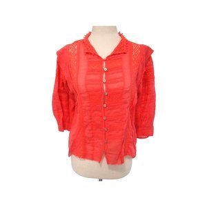 FP Free People One Womens Rosalind Blouse Top XS Coral Pink Button Up Crochet